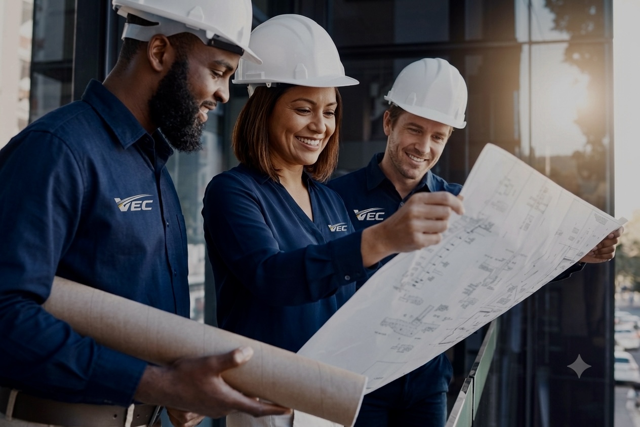 Equipe VEC Solutions analisando projeto em obra